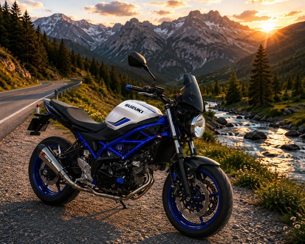 Suzuki motorcycle parked on a mountain road at sunset, with a river and snow-capped peaks in the background.