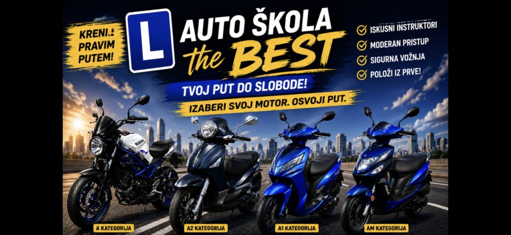 Banner for auto school 'Auto Škola the BEST' with yellow brush strokes and motorcycles in a cityscape background.Information: offers motorcycle licenses and courses.